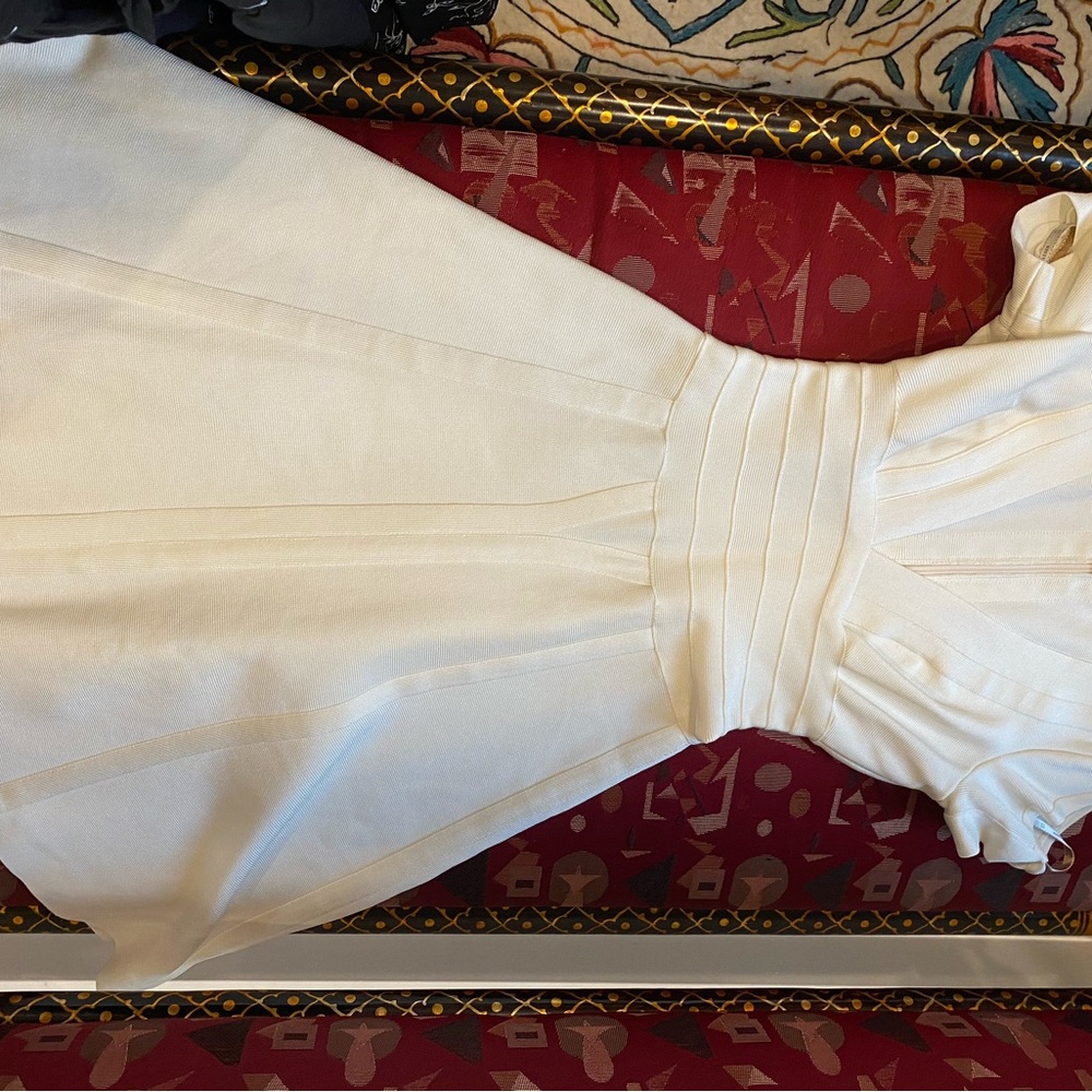 Herve Leger Cold Shoulder Alabaster Dress with plunging V neckline.